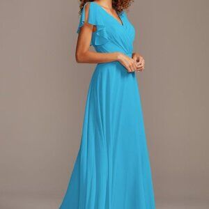 Davids Bridal Malibu blue bridesmaid dress with flutter sleeve STYLE# F20065